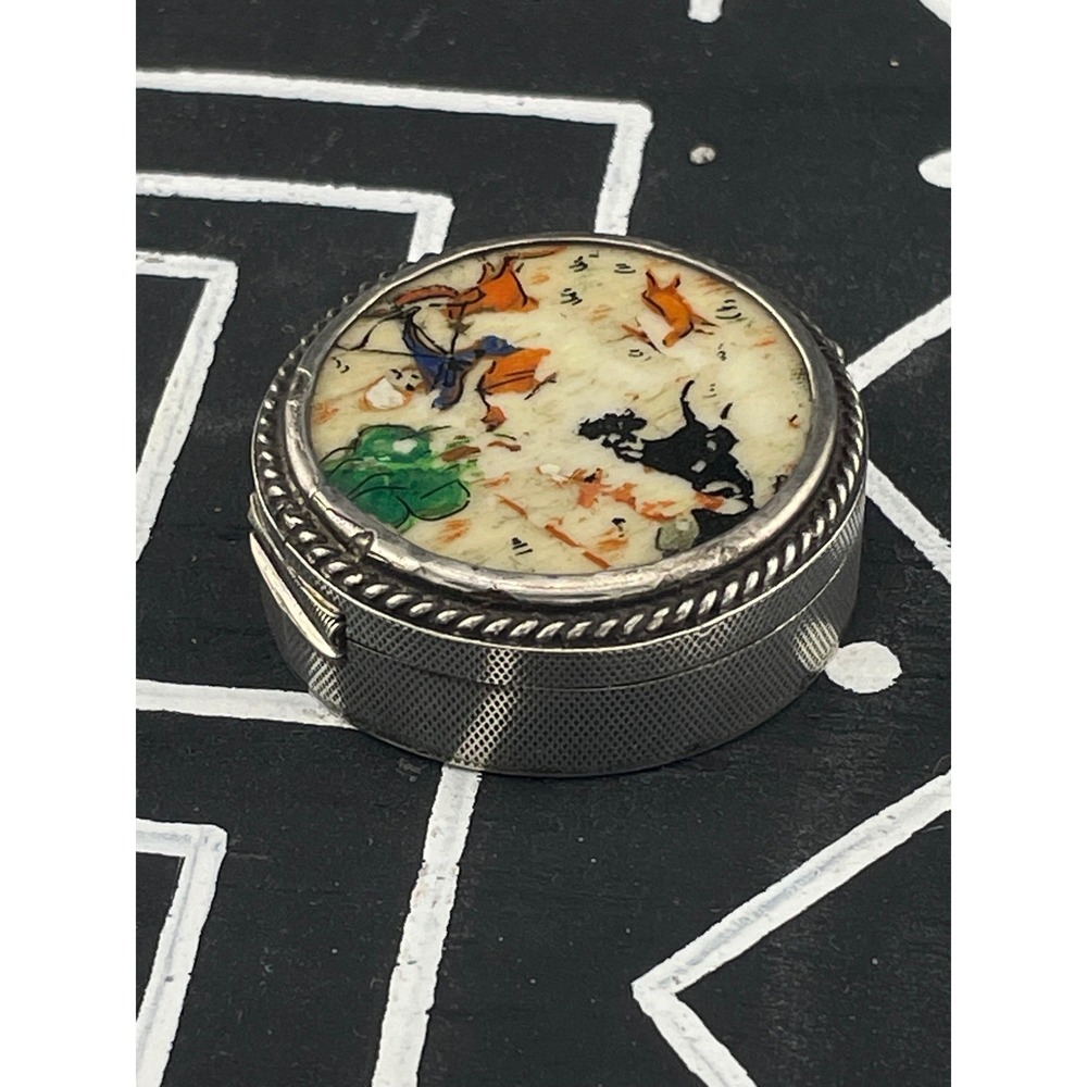 Vintage 800 Silver Persia Hand Painted Bone Pill Box Hunting Scene Round Trinket